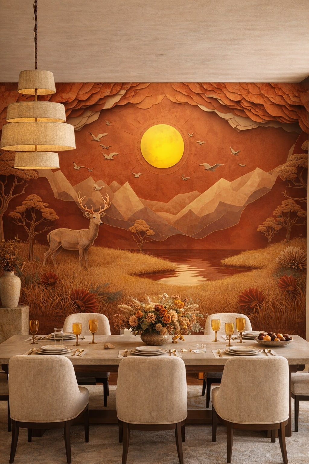 Mediterranean Modern sand-toned deer featuring mountain landscape - Wall Mural Peel and Stick Wallpaper for Mediterranean Modern Formal Dining Room.