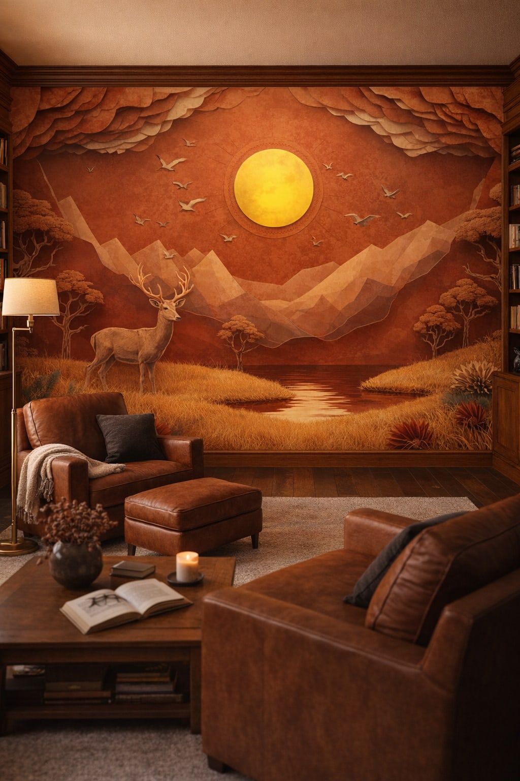 Rustic Modern sand-toned deer featuring a sun disc - Wall Mural Peel and Stick Wallpaper for Rustic Modern Library / Reading Room.