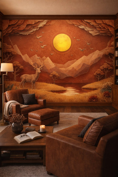Rustic Modern sand-toned deer featuring a sun disc - Wall Mural Peel and Stick Wallpaper for Rustic Modern Library / Reading Room.