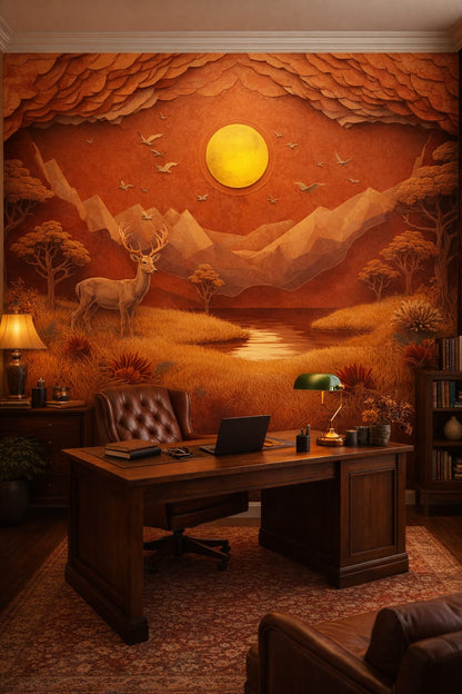 Dark Academia brown deer featuring sun disc - Wall Mural Peel and Stick Wallpaper for Dark Academia Executive Home Office.