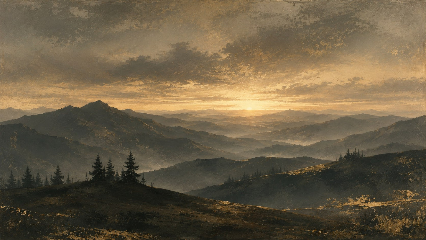 Atmospheric painterly Charcoal mountain landscape featuring pine trees and sunset - Wall Mural & Peel and Stick Wallpaper for Painterly Interiors and Premium Home Styling
