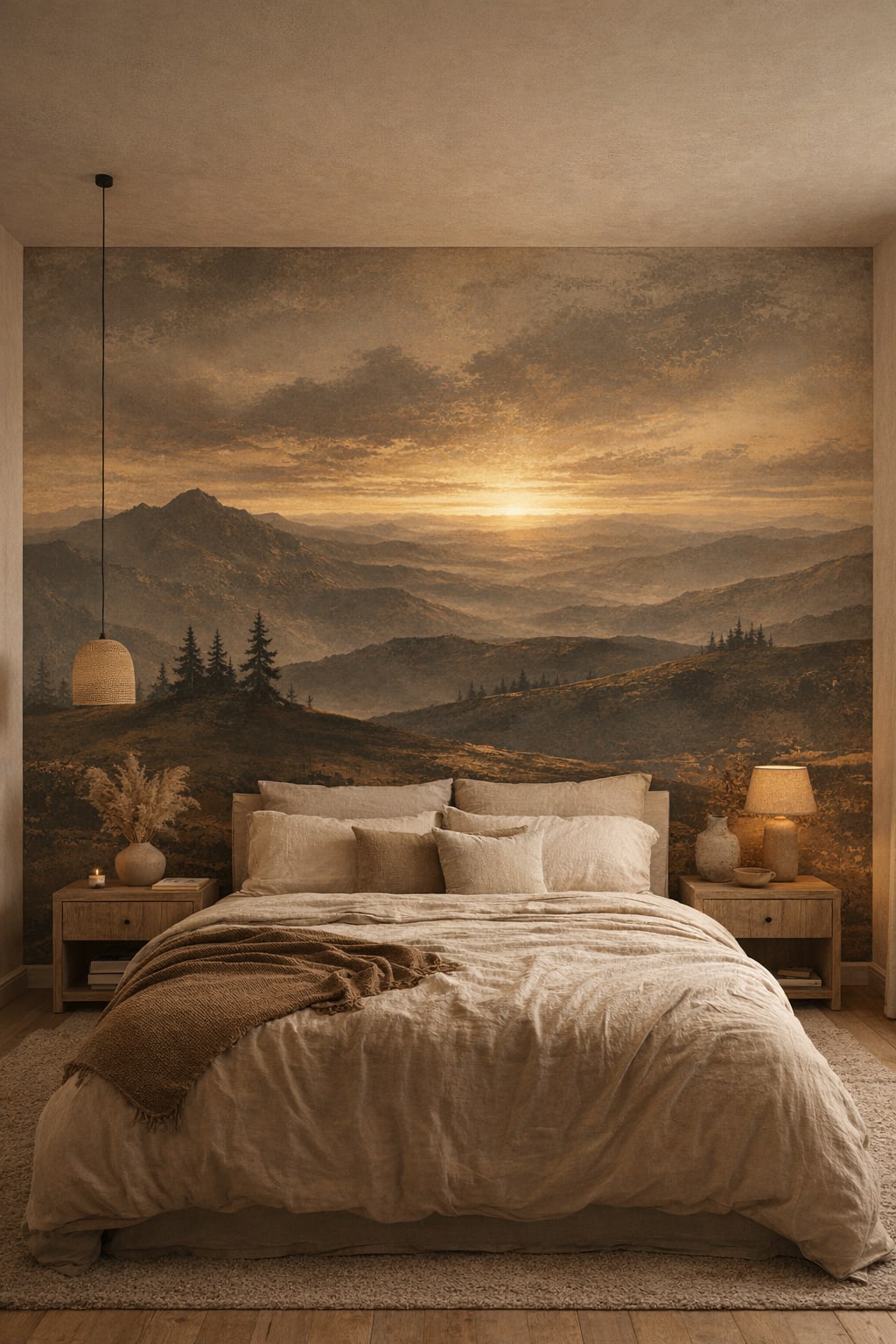 Muted earth-tone Wabi-sabi mountain landscape featuring sunset - Wall Mural Peel and Stick Wallpaper for Wabi-sabi Master Bedroom.