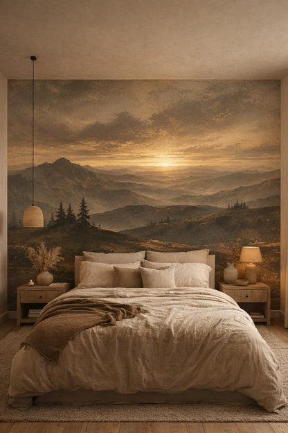Muted earth-tone Wabi-sabi mountain landscape featuring sunset - Wall Mural Peel and Stick Wallpaper for Wabi-sabi Master Bedroom.