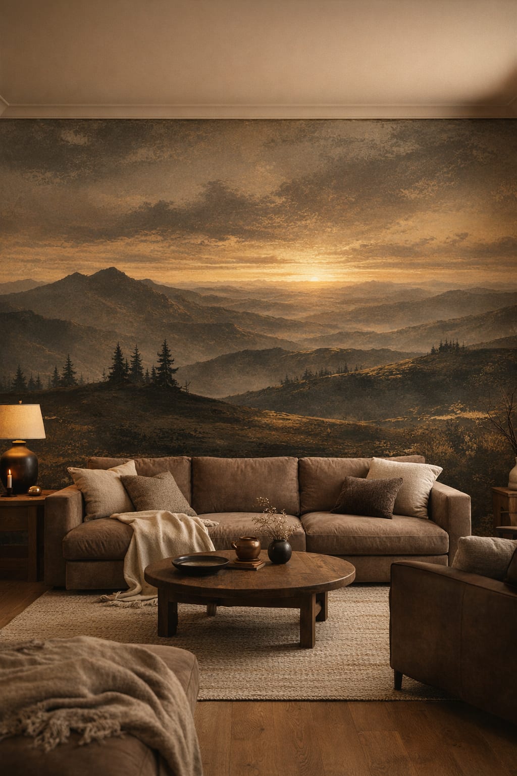 Rustic Modern Sand Charcoal mountain landscape featuring pine trees - Wall Mural Peel and Stick Wallpaper for Rustic Modern Living Room.
