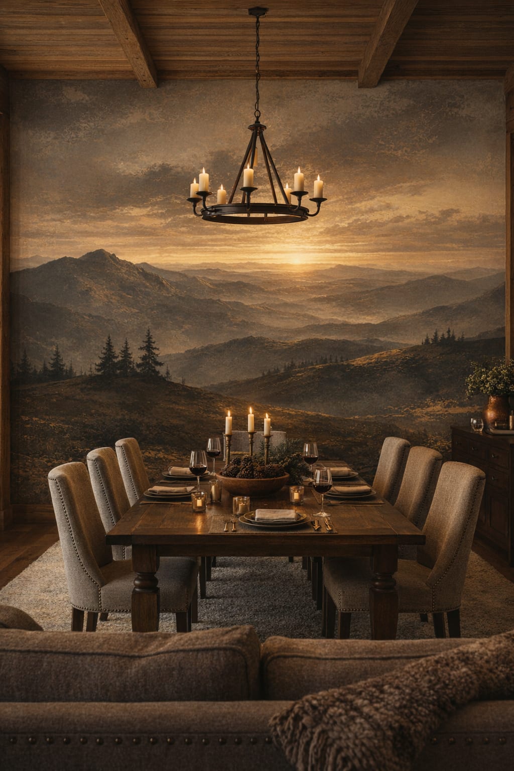 Rustic brown mountain landscape featuring pine trees - Wall Mural Peel and Stick Wallpaper for Cabin / Lodge Formal Dining Room.
