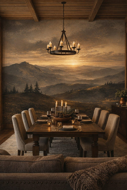 Rustic brown mountain landscape featuring pine trees - Wall Mural Peel and Stick Wallpaper for Cabin / Lodge Formal Dining Room.