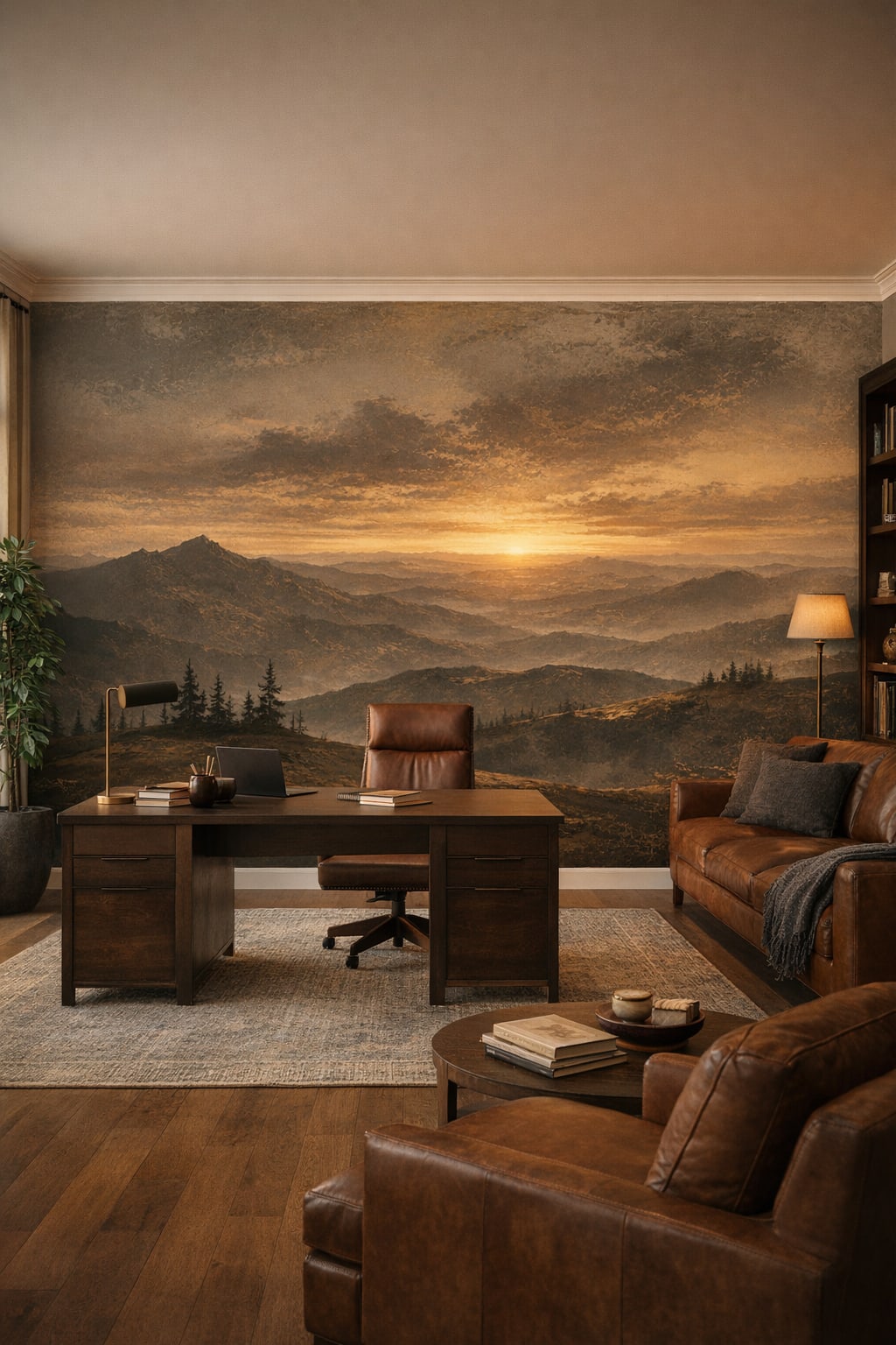 Biophilic green-neutral mountain landscape featuring sunset - Wall Mural Peel and Stick Wallpaper for Biophilic Design Executive Home Office.