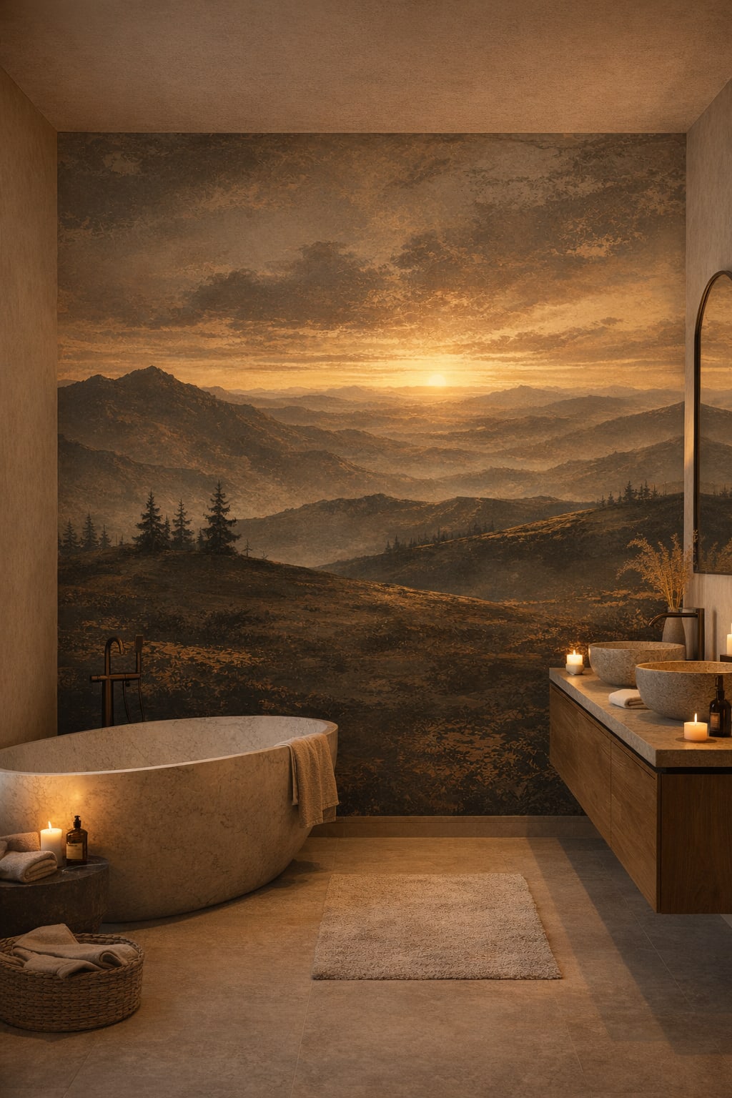 Organic Modern cream mountain landscape featuring sunset - Wall Mural Peel and Stick Wallpaper for Organic Modern Luxury Bathroom.