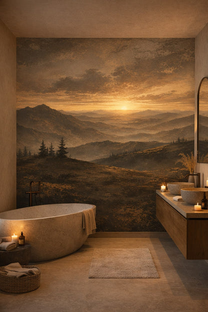 Organic Modern cream mountain landscape featuring sunset - Wall Mural Peel and Stick Wallpaper for Organic Modern Luxury Bathroom.