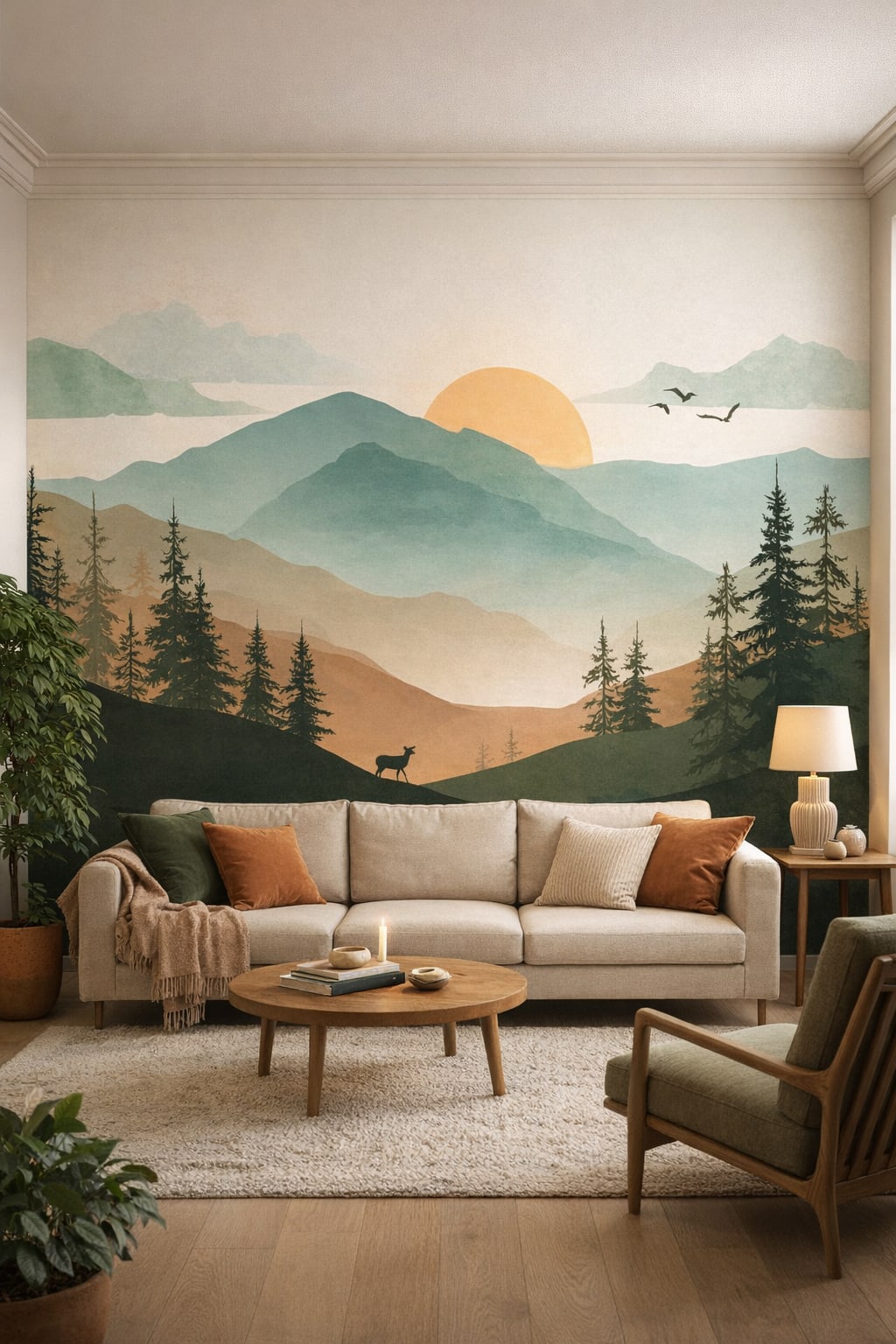 Biophilic green-neutral misty mountain landscape featuring pine forest - Wall Mural Peel and Stick Wallpaper for Biophilic Design Living Room.