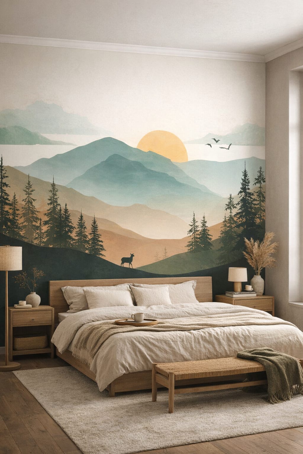 Japandi sand-toned misty mountain landscape featuring pine forest - Wall Mural Peel and Stick Wallpaper for Japandi Master Bedroom.