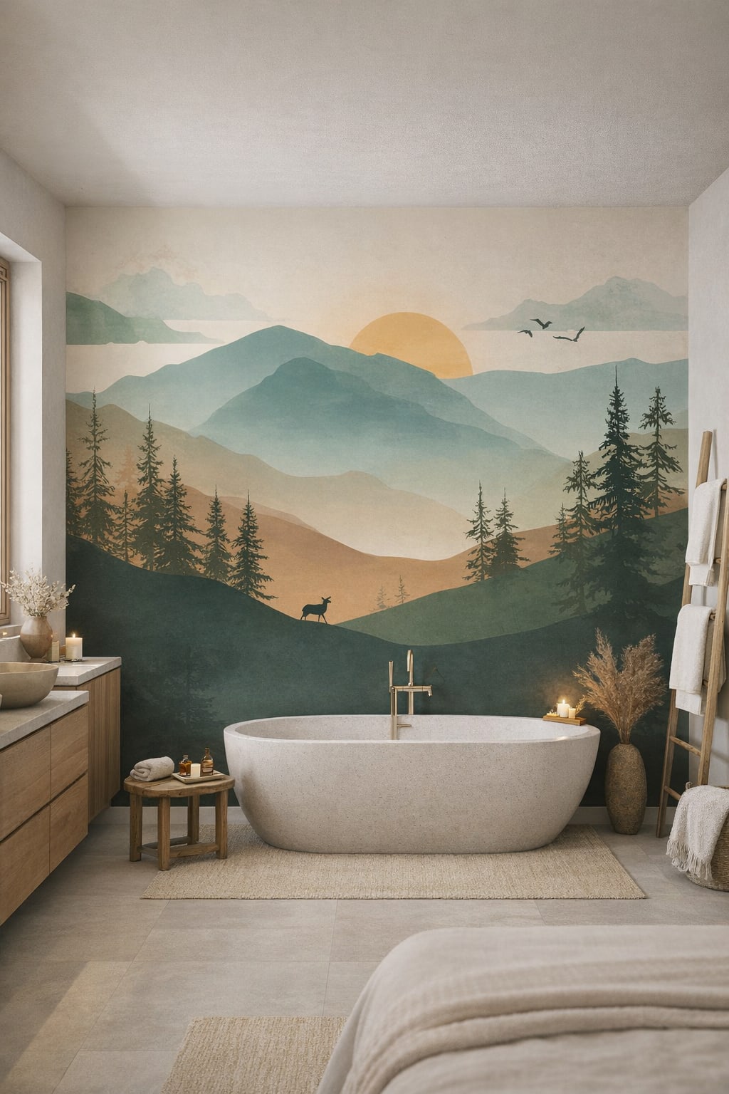 Cream-sand Organic Modern misty mountain landscape featuring pine forest - Wall Mural Peel and Stick Wallpaper for Organic Modern Luxury Bathroom.