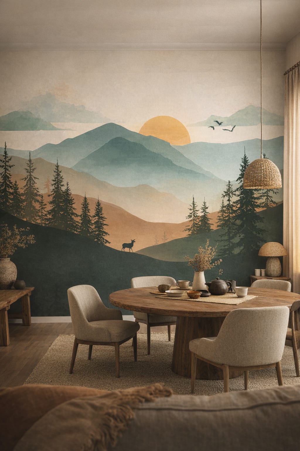 Wabi-sabi muted-earth misty mountain landscape featuring deer - Wall Mural Peel and Stick Wallpaper for Wabi-sabi Dining Room.