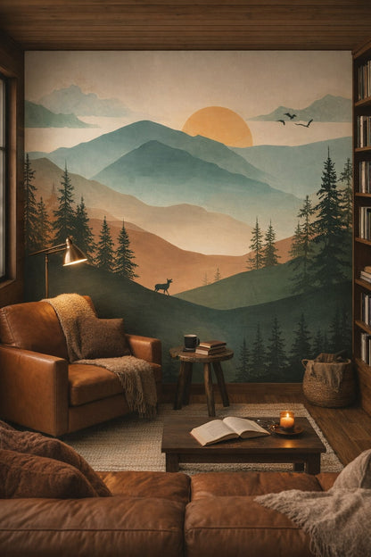 Rustic brown, lodge green misty mountain landscape featuring deer - Wall Mural Peel and Stick Wallpaper for Cabin / Lodge Reading Nook / Library Corner.