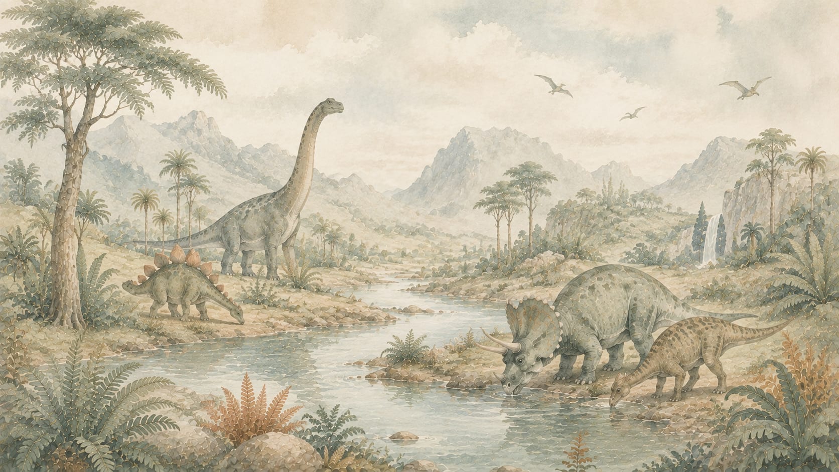 Gentle Watercolor Sage Dinosaurs featuring prehistoric landscape - Wall Mural & Peel and Stick Wallpaper for Watercolor Nursery or Kids Room