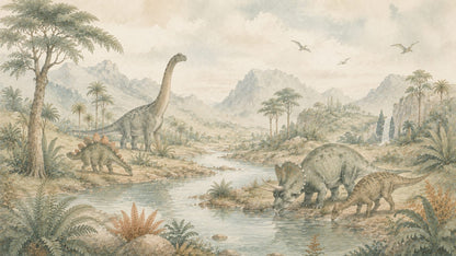 Gentle Watercolor Sage Dinosaurs featuring prehistoric landscape - Wall Mural & Peel and Stick Wallpaper for Watercolor Nursery or Kids Room