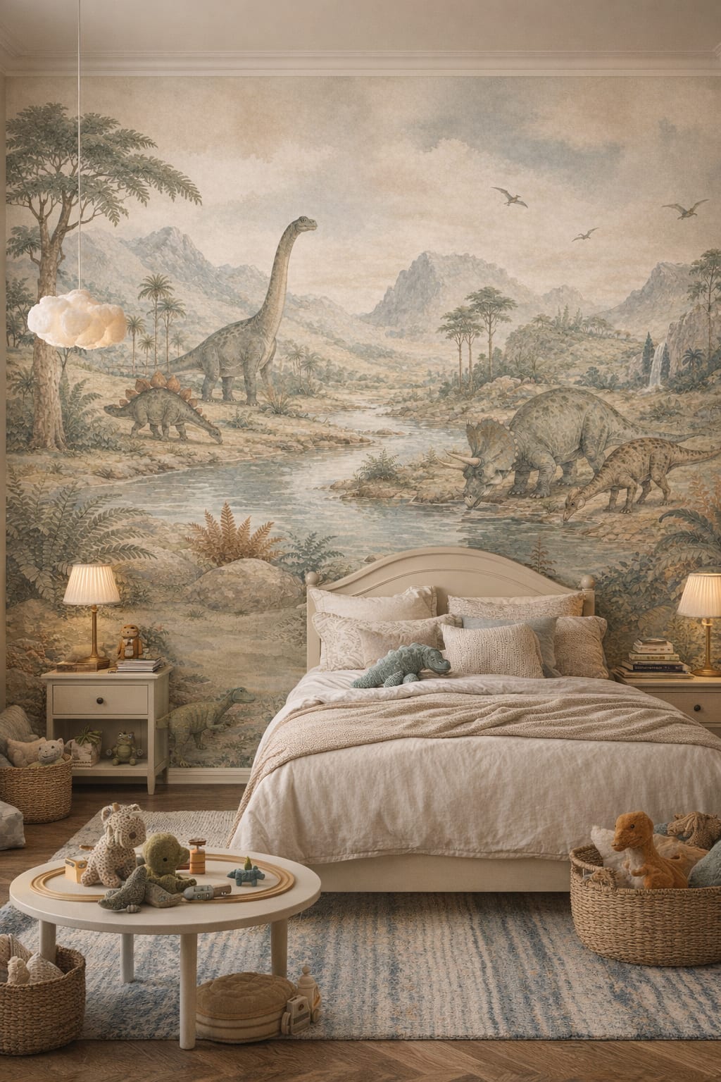 Classic Storybook sage dinosaurs featuring prehistoric landscape - Wall Mural Peel and Stick Wallpaper for Classic Storybook Kids Bedroom.