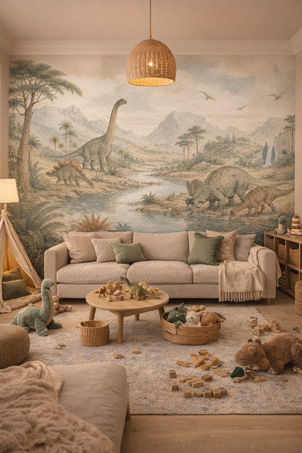 Olive sand dinosaurs featuring prehistoric landscape - Wall Mural Peel and Stick Wallpaper for Modern Safari Playroom.