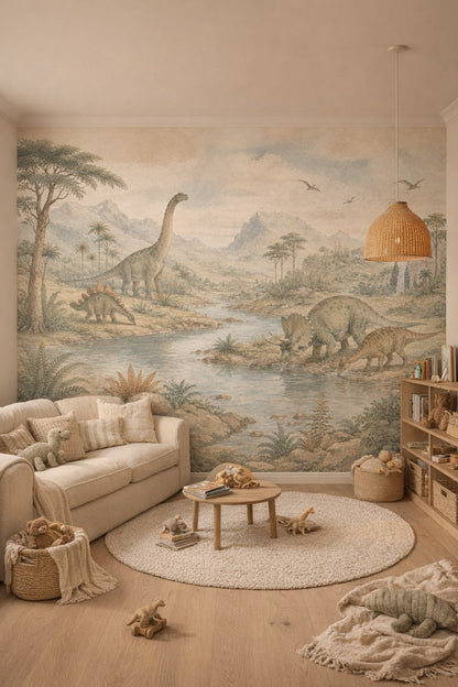 White and birch dinosaurs featuring prehistoric landscape - Wall Mural Peel and Stick Wallpaper for Scandi Kids Reading Corner.
