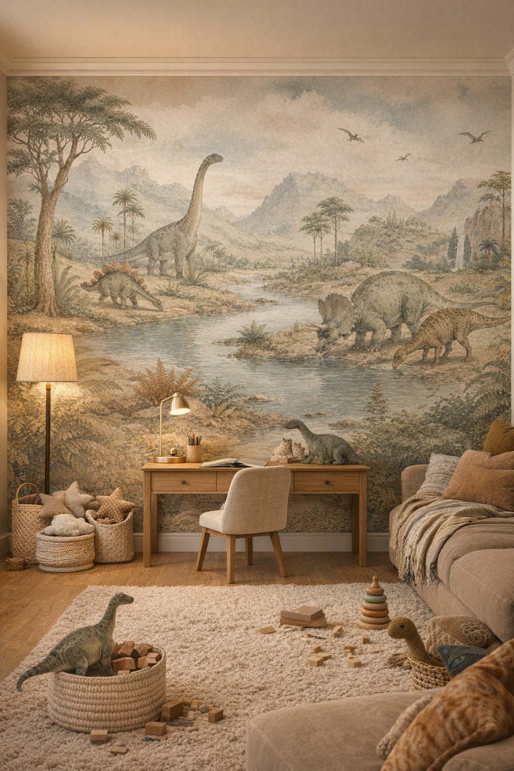Woodland brown dinosaurs featuring prehistoric landscape - Wall Mural Peel and Stick Wallpaper for Woodland / Forest Homework / Study Corner.