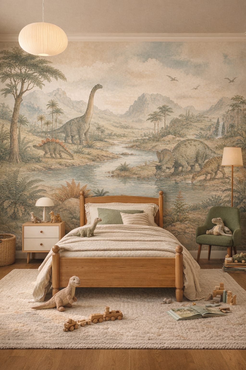 Mid-century Kids teal dinosaurs featuring prehistoric landscape - Wall Mural Peel and Stick Wallpaper for Mid-century Kids Kids Bedroom.