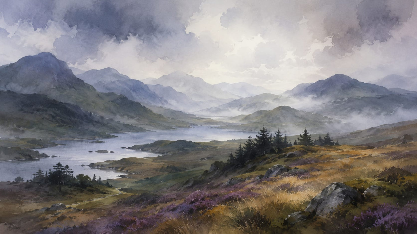 Atmospheric Painterly Slate Blue Mountain Landscape featuring Lake and Pine Trees - Wall Mural & Peel and Stick Wallpaper for Watercolor Interiors and Premium Home Styling
