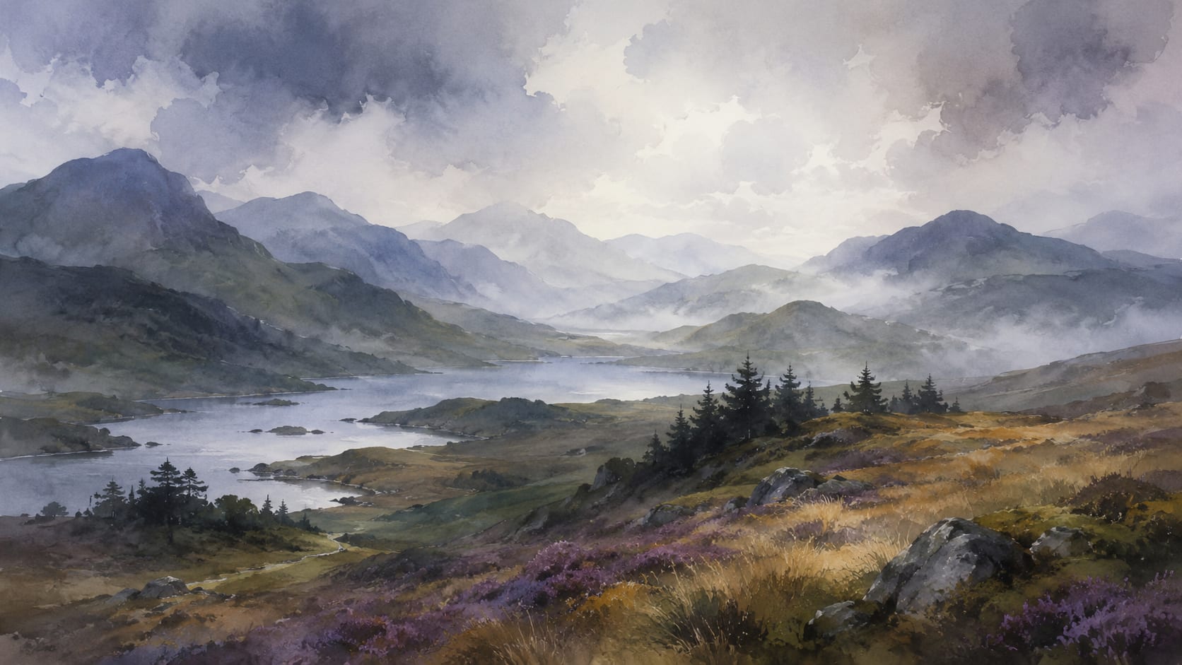Atmospheric Painterly Slate Blue Mountain Landscape featuring Lake and Pine Trees - Wall Mural & Peel and Stick Wallpaper for Watercolor Interiors and Premium Home Styling