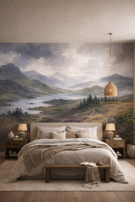 Wabi-sabi muted-earth mountain landscape featuring lake - Wall Mural Peel and Stick Wallpaper for Wabi-sabi Master Bedroom.