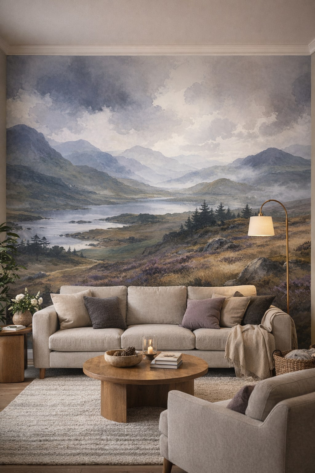 Green neutral mountain landscape featuring lake - Wall Mural Peel and Stick Wallpaper for Biophilic Design Living Room.