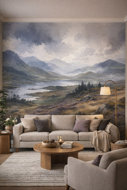 Green neutral mountain landscape featuring lake - Wall Mural Peel and Stick Wallpaper for Biophilic Design Living Room.