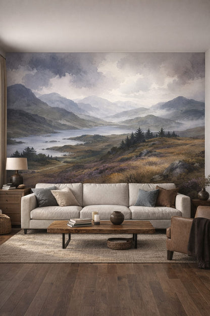 Rustic modern sand-charcoal mountain landscape featuring lake - Wall Mural Peel and Stick Wallpaper for Rustic Modern Great Room.