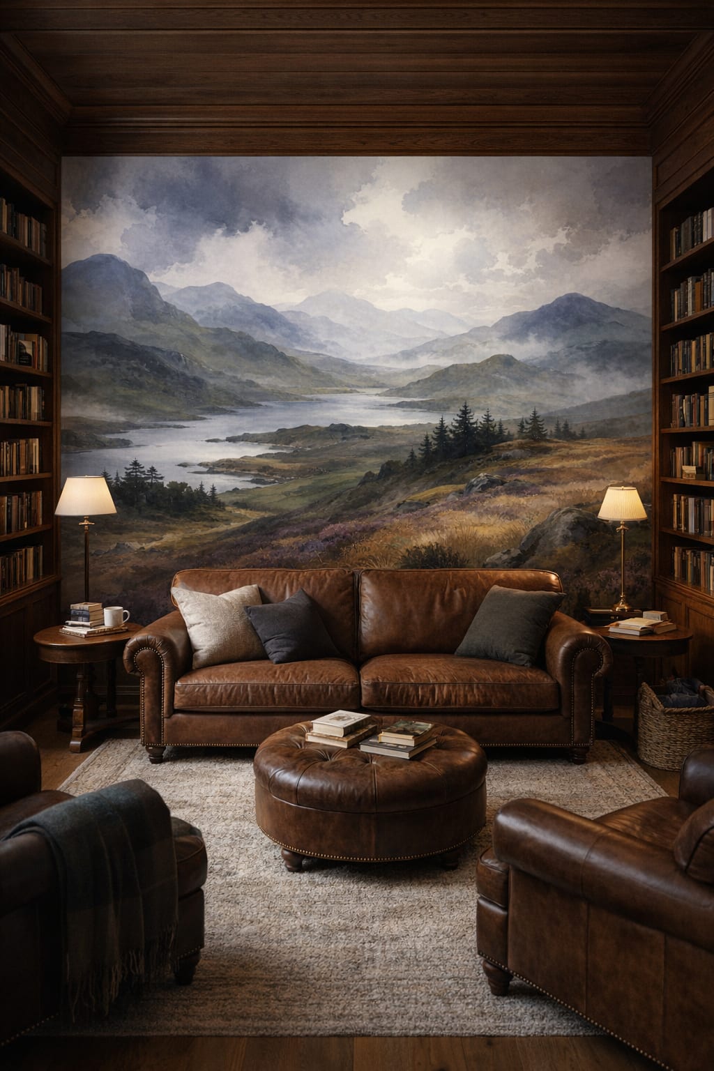 Alpine wood, cream-red mountain landscape featuring lake - Wall Mural Peel and Stick Wallpaper for Alpine / Chalet Library / Reading Room.