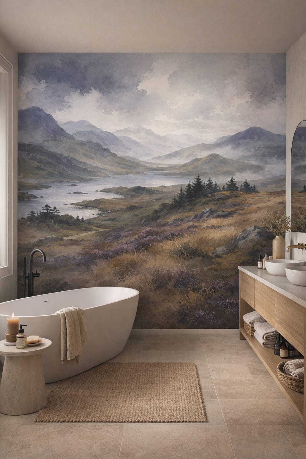 Cream Organic Modern mountain landscape featuring lake - Wall Mural Peel and Stick Wallpaper for Organic Modern Luxury Bathroom.