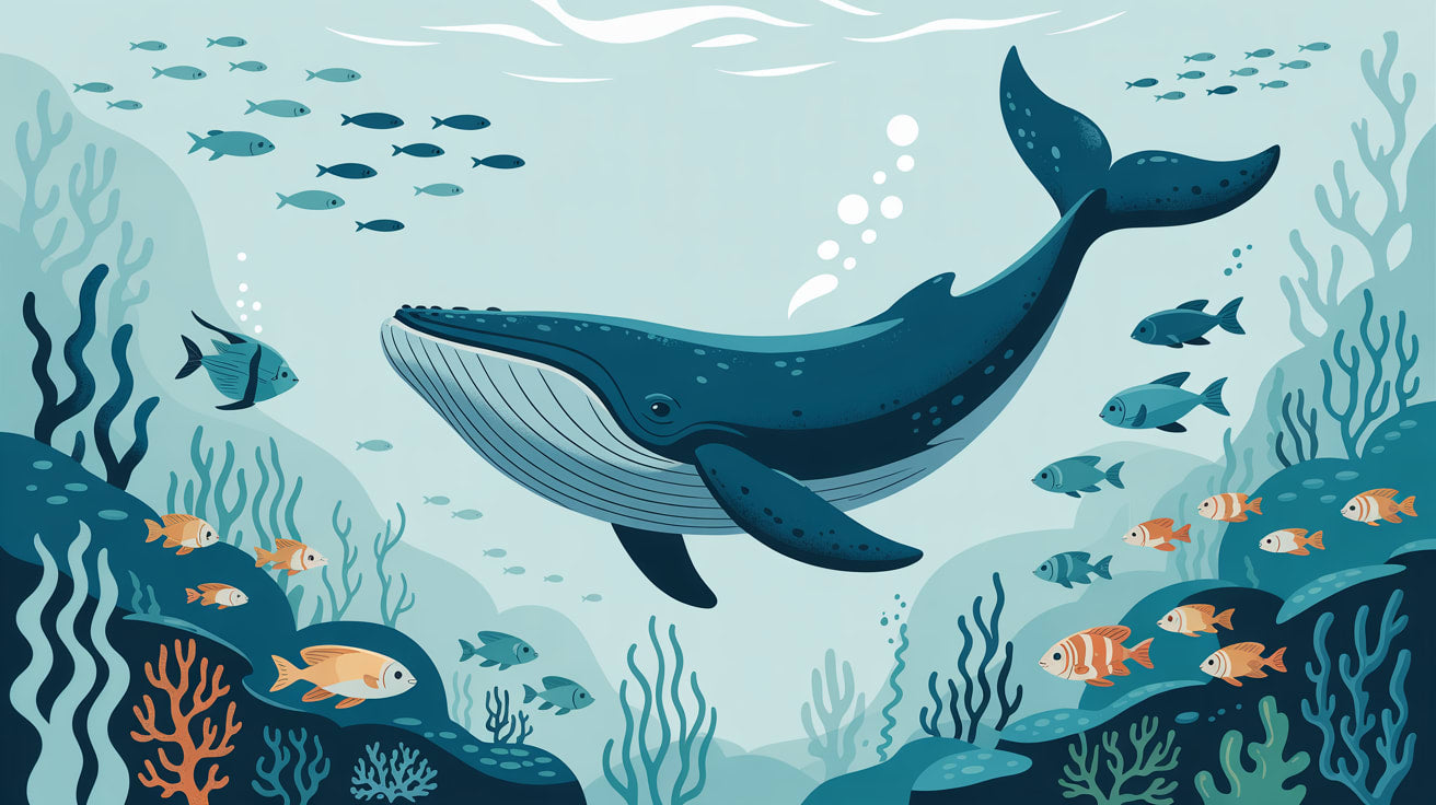 Playful whimsical Teal whale featuring tropical fish and seaweed - Wall Mural & Peel and Stick Wallpaper for Whimsical Nursery or Kids Room.