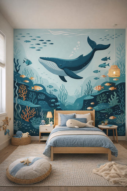 Coastal Kids, sky blue whale featuring tropical fish - Wall Mural Peel and Stick Wallpaper for Coastal Kids Kids Bedroom.