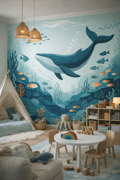 Scandi Kids white-gray whale featuring tropical fish - Wall Mural Peel and Stick Wallpaper for Scandi Kids Playroom.