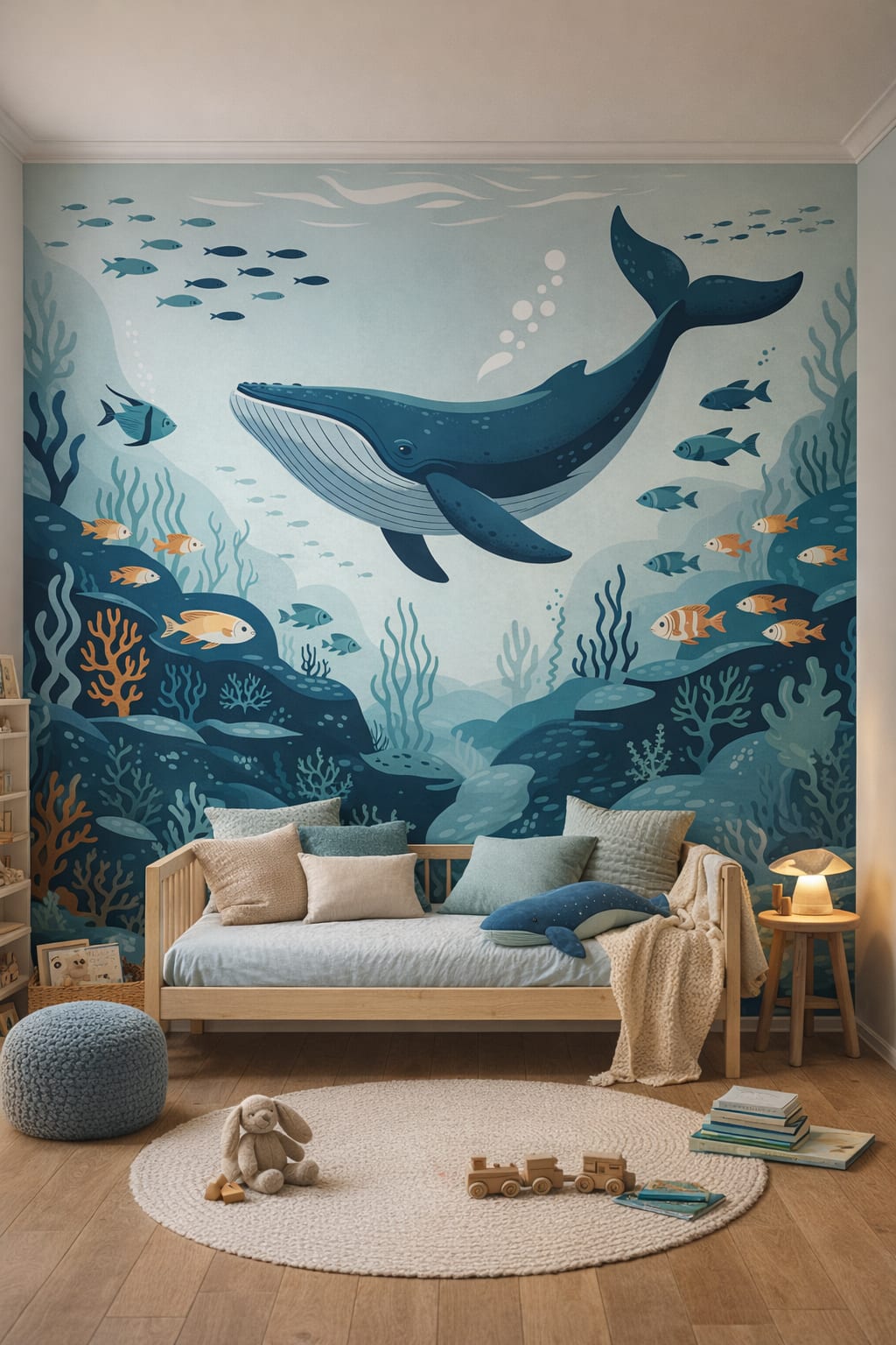 Modern Montessori neutral-primary whale featuring tropical fish - Wall Mural Peel and Stick Wallpaper for Modern Montessori Reading Corner.