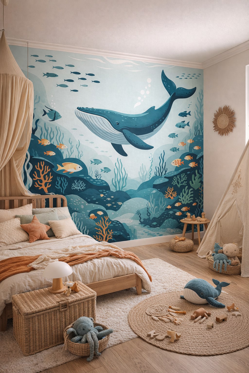 Whimsical Boho sage-cream whale featuring tropical fish - Wall Mural Peel and Stick Wallpaper for Whimsical Boho Kids Bedroom.