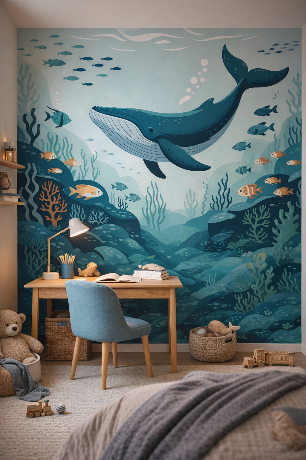 Gender-neutral contemporary gray Whale featuring tropical fish - Wall Mural Peel and Stick Wallpaper for Gender-Neutral Contemporary Homework / Study Corner.