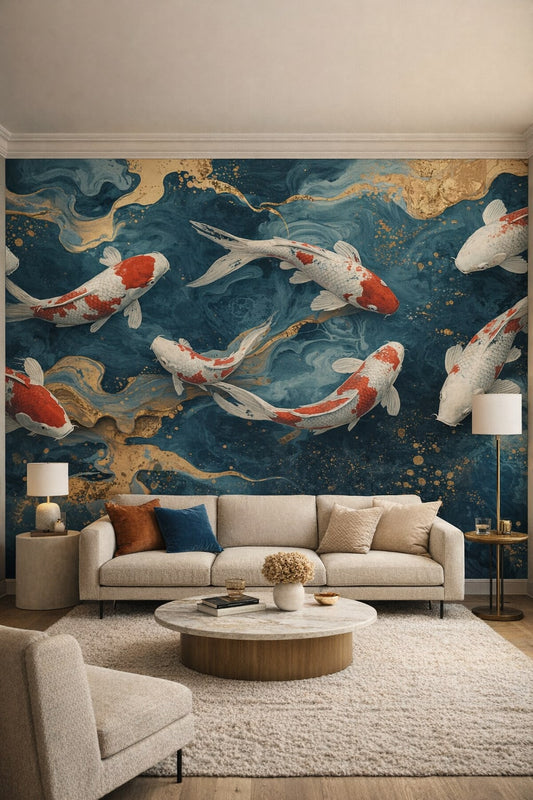 Luxury Contemporary neutral-stone koi fish featuring marbled water - Wall Mural Peel and Stick Wallpaper for Luxury Contemporary Living Room.