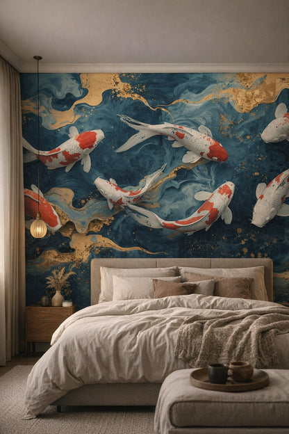 Japandi charcoal koi fish featuring marbled water - Wall Mural Peel and Stick Wallpaper for Japandi Master Bedroom.