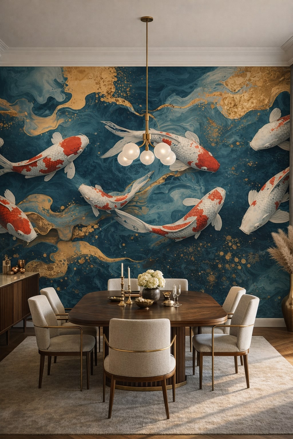 Art Deco black-gold koi fish featuring gold ink splatter - Wall Mural Peel and Stick Wallpaper for Art Deco Formal Dining Room.