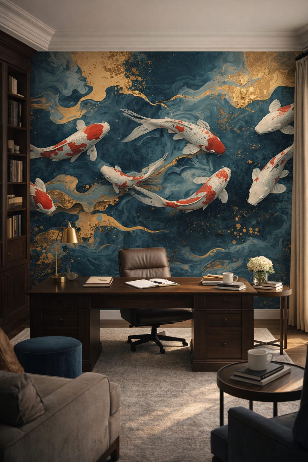 Quiet Luxury greige koi fish featuring marbled water - Wall Mural Peel and Stick Wallpaper for Quiet Luxury Executive Home Office.