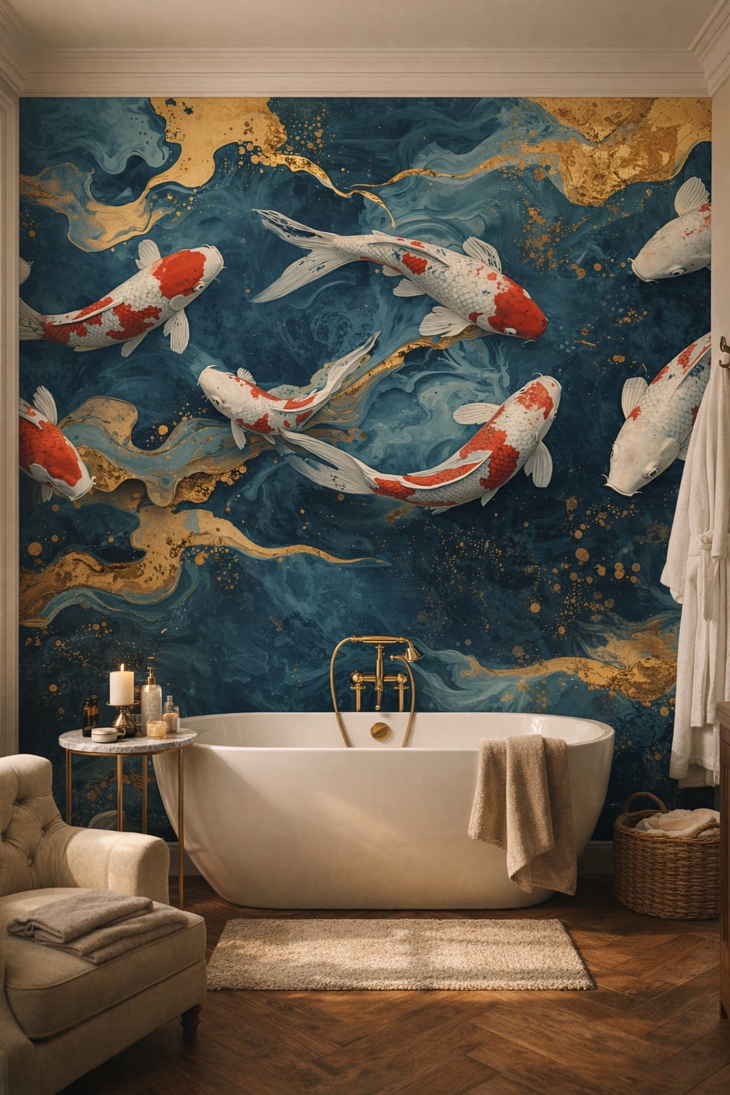 Modern Classic cream-toned koi fish featuring marbled water - Wall Mural Peel and Stick Wallpaper for Modern Classic Luxury Bathroom.