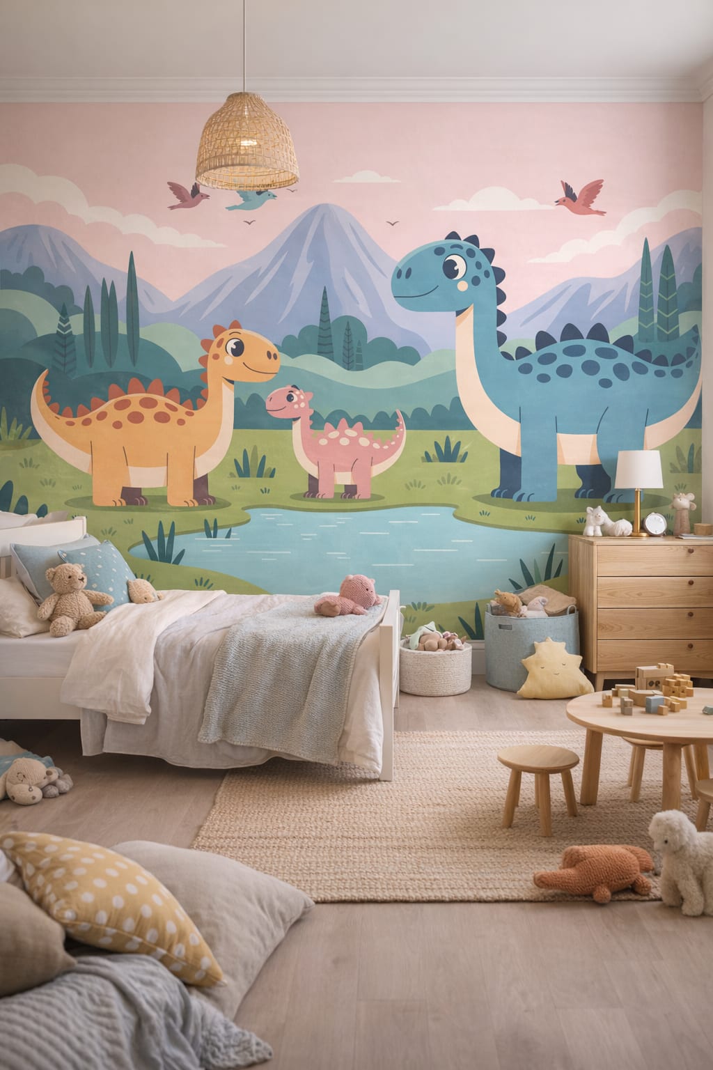 Scandi Kids birch-toned dinosaurs featuring a mountain landscape - Wall Mural Peel and Stick Wallpaper for Scandi Kids Kids Bedroom.