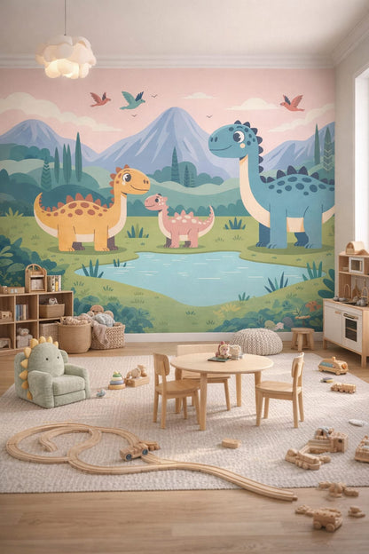Modern Montessori neutrals dinosaurs featuring mountain landscape - Wall Mural Peel and Stick Wallpaper for Modern Montessori Playroom.
