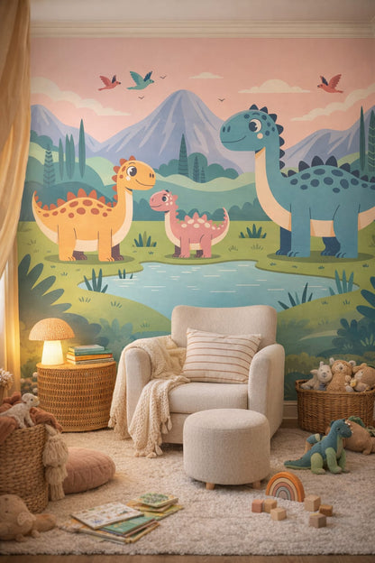 Whimsical Boho terracotta - dinosaurs featuring pond - Wall Mural Peel and Stick Wallpaper for Whimsical Boho Reading Corner.