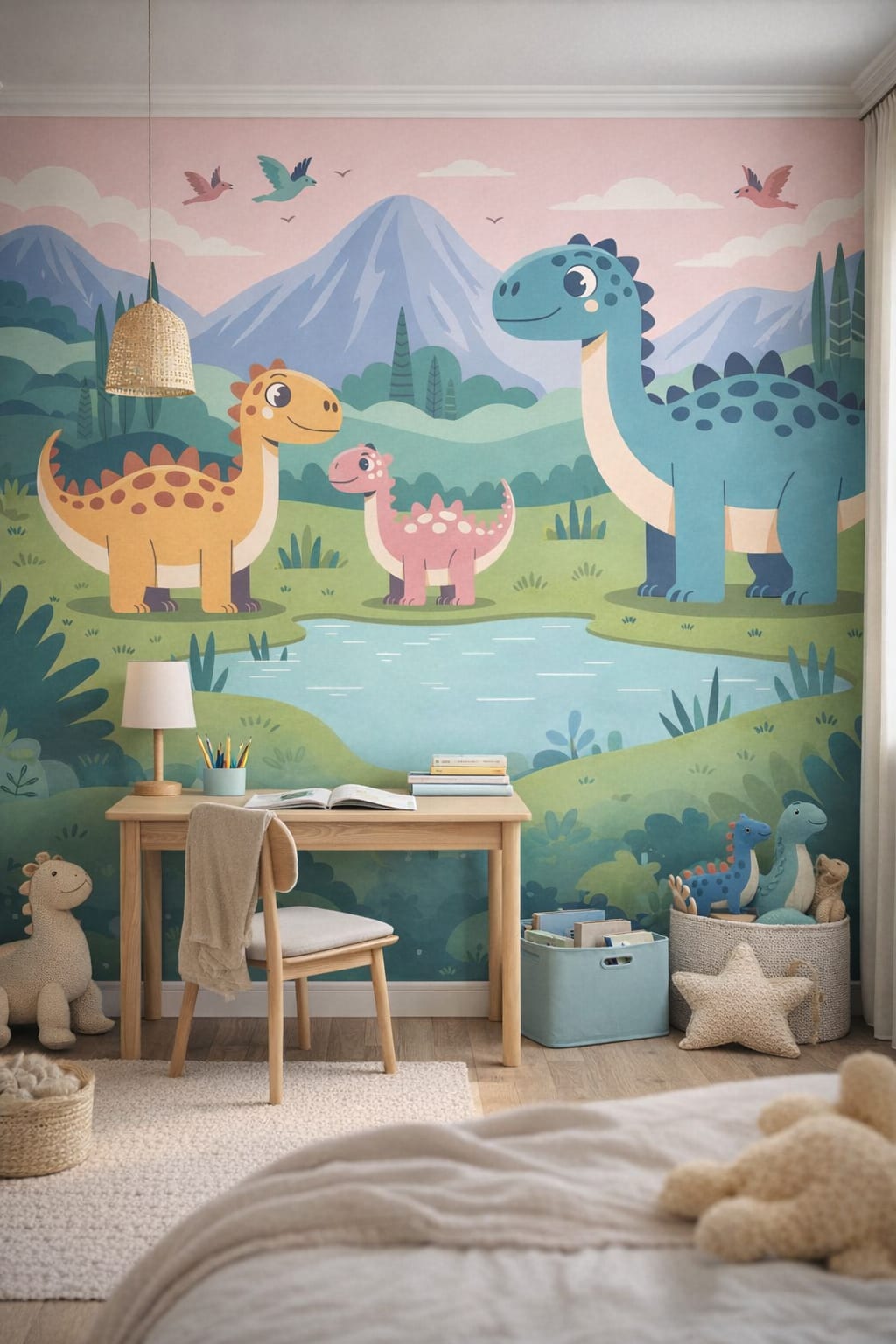 Coastal Kids sky-blue dinosaurs featuring pond - Wall Mural Peel and Stick Wallpaper for Coastal Kids Homework / Study Corner.