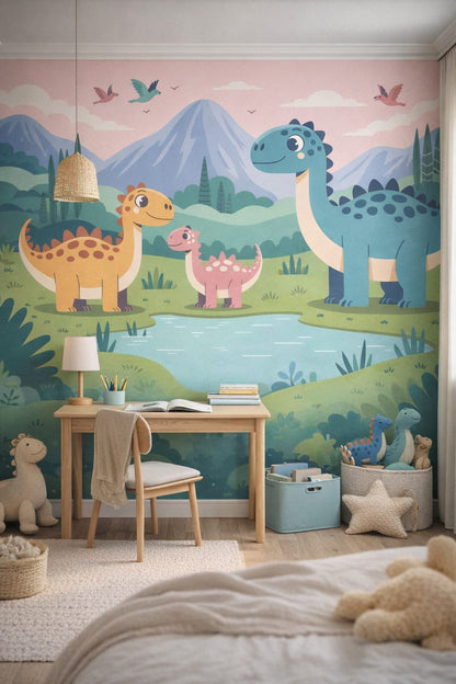 Coastal Kids sky-blue dinosaurs featuring pond - Wall Mural Peel and Stick Wallpaper for Coastal Kids Homework / Study Corner.