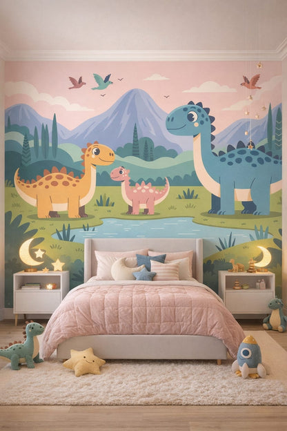 Celestial navy dinosaurs featuring mountain landscape - Wall Mural Peel and Stick Wallpaper for Outer Space / Celestial Kids Bedroom.